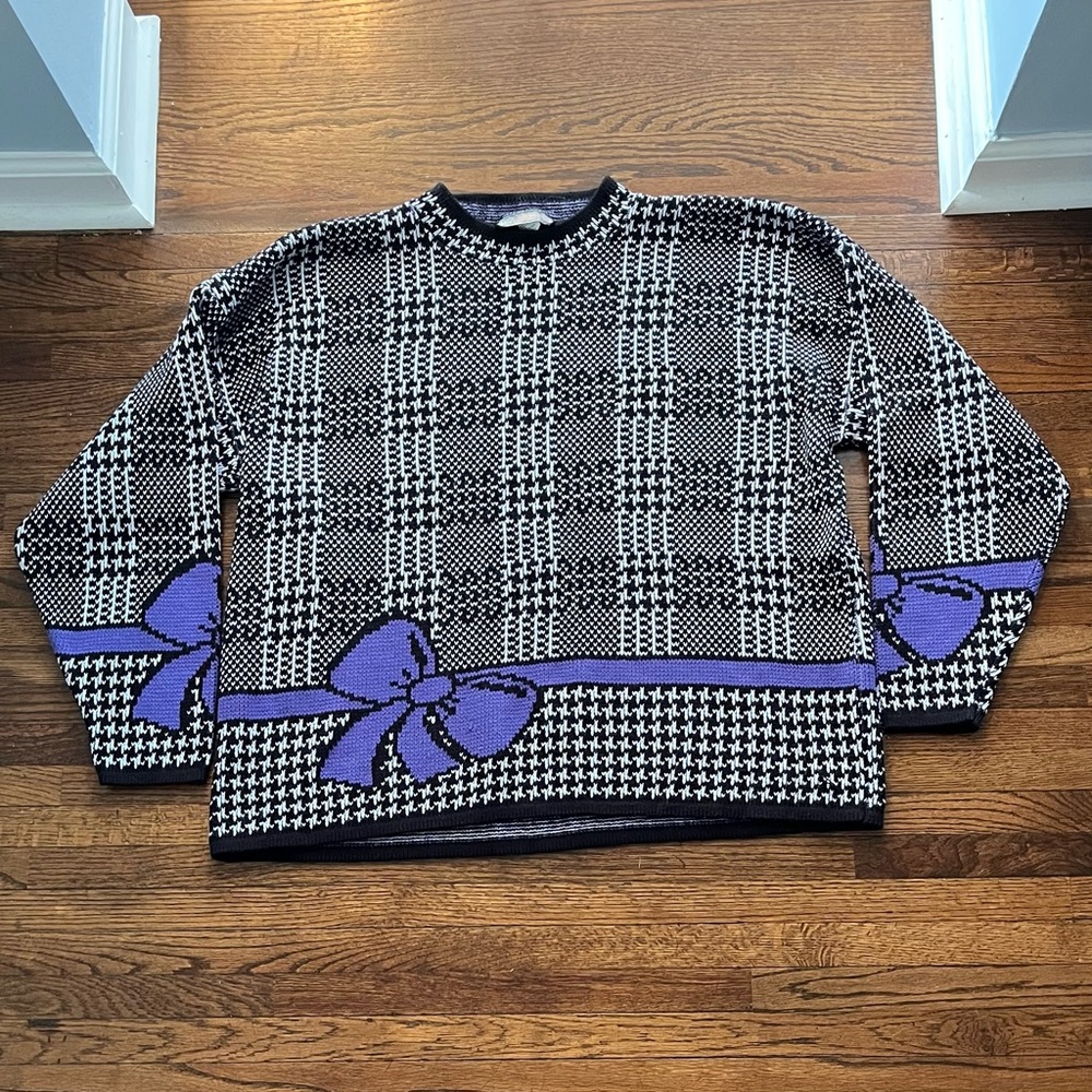 Vintage 80s Liz Baker Oversized Black and White Checkered Sweater Purple Bow 2x